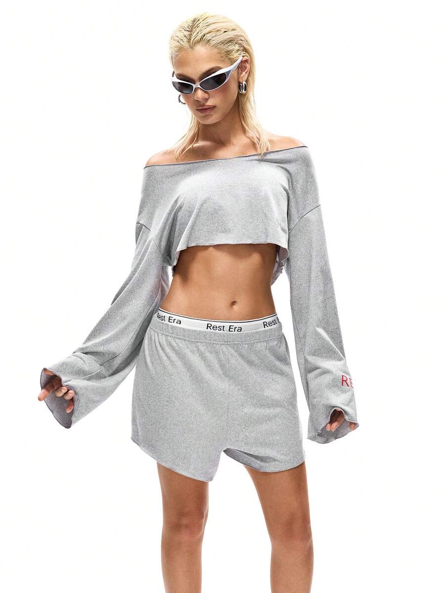 REST 女士红色字母印花喇叭袖宽松上衣和短裤睡衣套装 - 淺灰色 - 查看 1