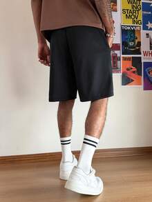 PAVTROS Men's Casual Letter Print Slant Pocket Loose Shorts - Black - View 2