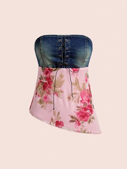 ROMWE Fairycore Áo ống denim nữ kiểu dáng vintage cottagecore họa tiết hoa chắp vá, vạt áo bất đối xứng