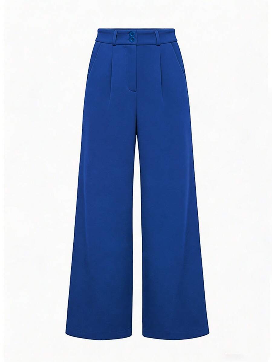 SHEIN LUNE Women's Solid Color Pleated Slant Pocket Casual Wide Leg Pants Blue Pants Wide-Leg Trousers Women's Pants - Blue - View 1