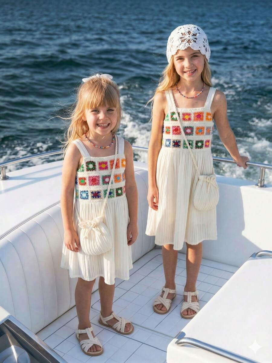 SHEIN Elladie kids 少女杏色無袖洋裝,鉤編飾邊收腰設計,圓形蝴蝶結裝飾手提包,白色,夏季,套裝,家庭度假,假期戶外穿搭 - 杏色 - 查看 1