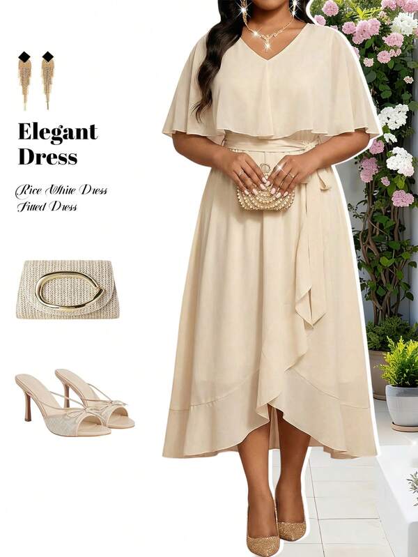 Fleurora Plus Size V-Neck Long Sleeve Solid Color Patchwork Loose Casual Dress Elegant Resort Wear Women Wedding Graduation Outfit Classy Evening White Summer