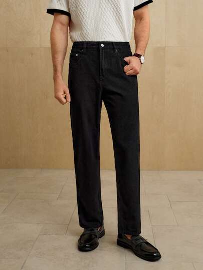 MENRIVO 男士纯色口袋直筒宽松休闲百搭牛仔裤