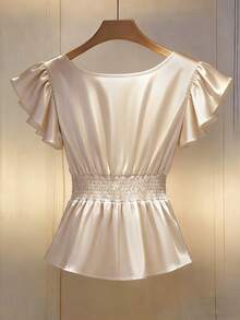GlowEve CURVE Plus Size Women V-Neck Pleated Ruffle Sleeve Blouse - Apricot - View 2