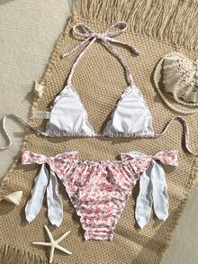 Swim Vcay Conjunto de bikini de 2 piezas con escote en V con volantes y estampado floral para mujer, para el verano - Rojo - Ver 2
