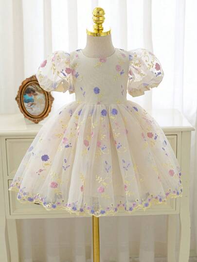 SHEIN Glamorique Kids 4-Season Baby Girls' Apricot Tulle Puff Skirt Dress With Embroidered Floral, Elegant Princess Birthday Party Dress