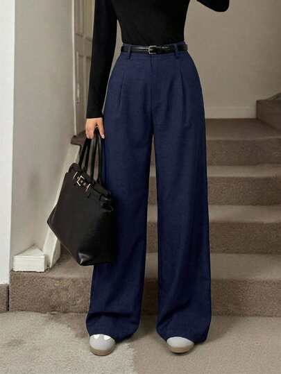 SHEIN Tall 教师装女装灰色褶裥优雅长裤带口袋，秋冬灰色高腰阔腿裤宽松大码裤商务职业女装宽松阔腿裤秋季女装冬季女装外出下装