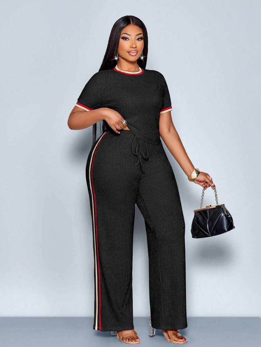 SOLERSUN Ensemble Top col rond et pantalon décontracté d'été multicolore pour femmes. Tenues décontracté d'automne quotidiennes pour femmes - Noir - Voir 1