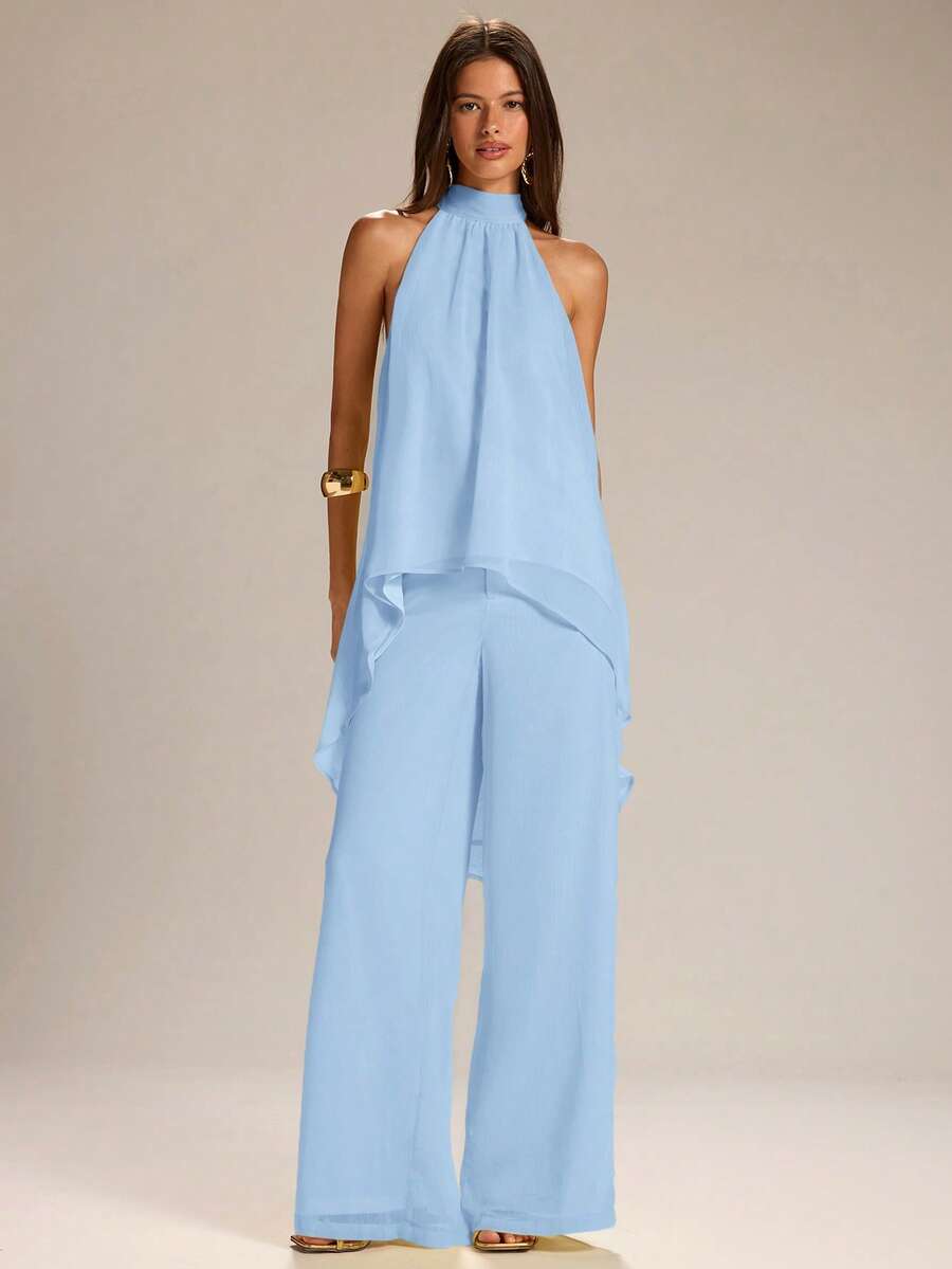 SHEIN BAE Yellow Sleeveless Asymmetrical Hem Sheer Tank Top & Wide Leg Linen Pants, Casual 2 Pieces Set, Spring/Summer Minimalist 2 Pieces Set - Baby Blue - View 1