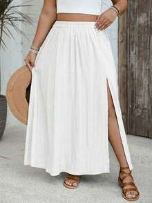 SHEIN VCAY 大码休闲纯色高开衩半身裙 - 白色 - 查看 3