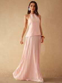 Silquee Đầm chữ A không tay màu vàng kem, cổ buộc dây, eo nhún, kiểu dáng thanh lịch, thích hợp cho tiệc cocktail, đám cưới, lễ tốt nghiệp, biểu diễn sân khấu. - Màu Hồng baby - Xem 5