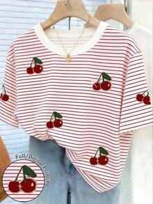 大码女式休闲樱桃条纹印花圆领短袖T恤，适合春夏穿着 - 白色 - 查看 1