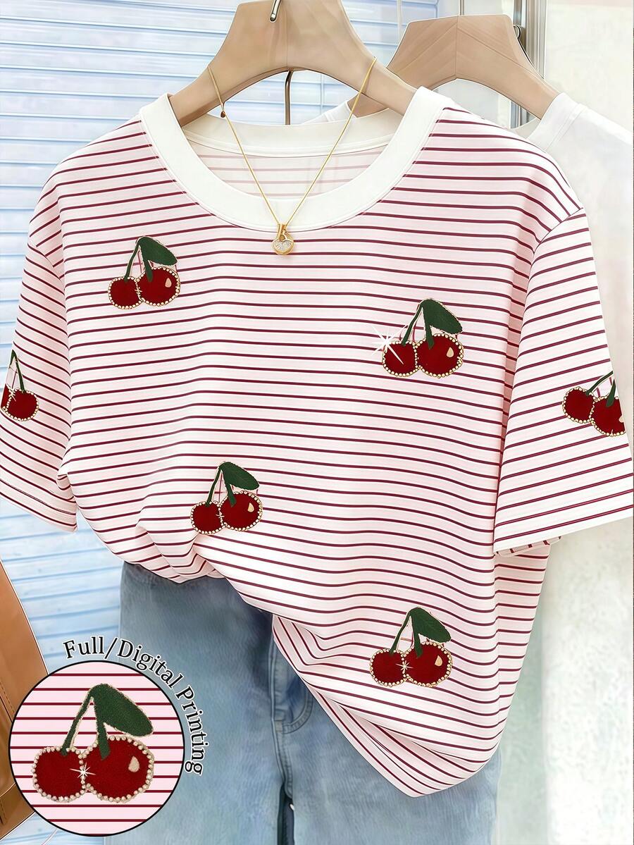 大码女式休闲樱桃条纹印花圆领短袖T恤，适合春夏穿着 - 白色 - 查看 1