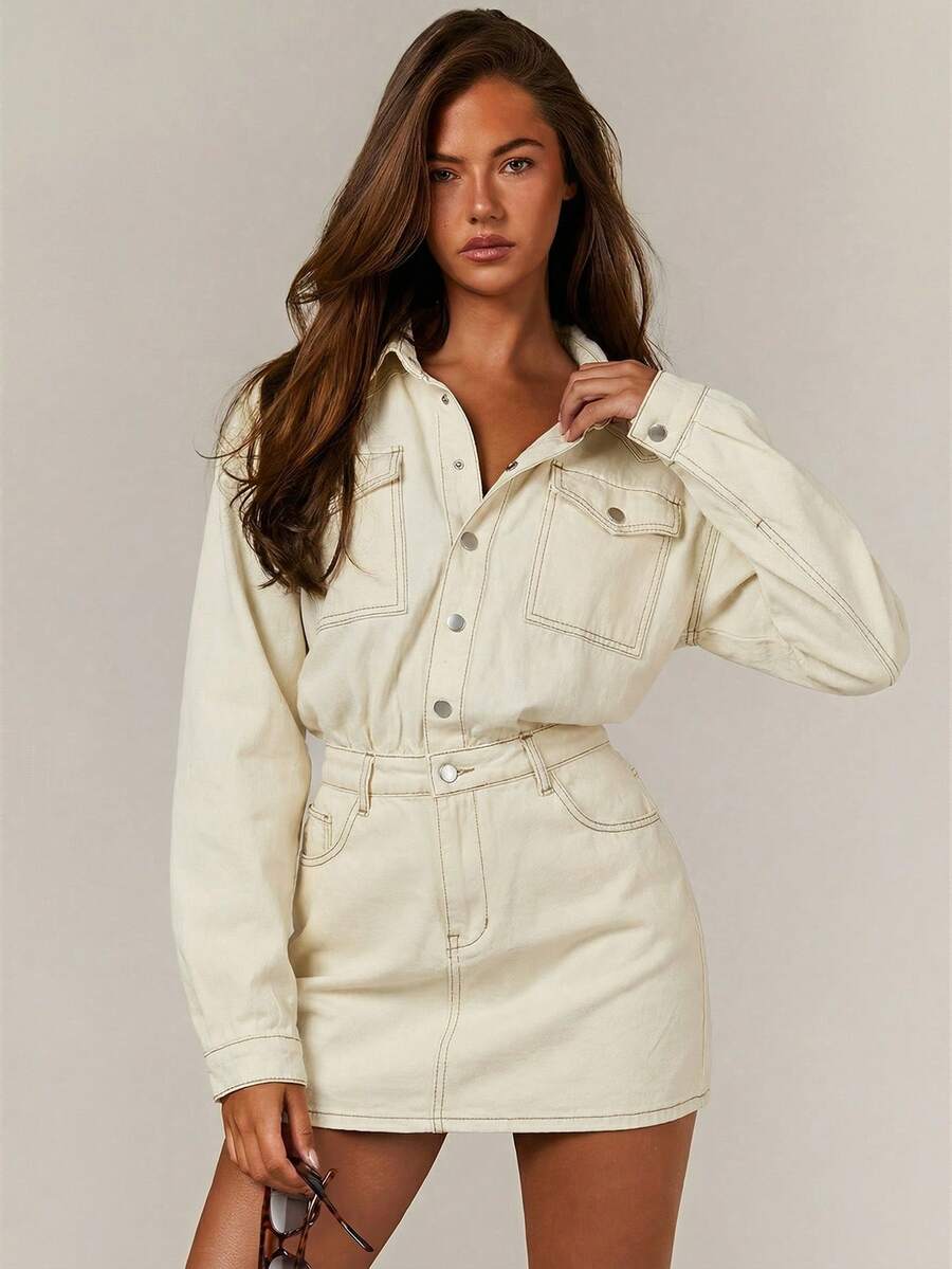 Athîral Đầm denim nữ kiểu dáng thường ngày để đi làm - Màu be - Xem 1