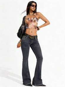 SHEIN Tall Women's Casual Versatile Flared Jeans With Pockets - Black - View 4