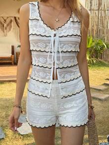 Livesso Conjunto de 2 piezas de camiseta de encaje de cuello en V y pantalones cortos para mujer - Blanco - Ver 7