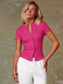 Athîral Women's Casual Fuchsia Pink Summer Top,Button-Down Short-Sleeved Fitted Knit Blouse,Soft Classy Top For Occasion,Holidays & Spring Style - Hot Pink - View 5