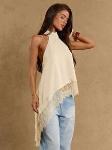 SHEIN BAE Women's Black Asymmetrical Hem Lace Patchwork Elegant Halter Neck Top - Apricot - View 4