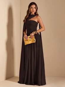 SHEIN BAE Đầm chữ A không tay xếp ly dành cho nữ, đầm phù dâu thanh lịch, đầm ngày Valentine, đầm sinh nhật, đầm tốt nghiệp, đầm xuân/hè. - Cà phê nâu - Xem 4