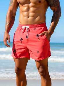 Manfinity KASUA Men's Palm Tree Print Drawstring Waist Pocket Beach Shorts - Red - View 5