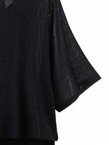 SHEIN Essnce 大码女装春夏时尚休闲宽松弹力舒适日常百搭显瘦黑色背心和薄纱防晒罩衫两件套，夏季穿搭，简约风格，欧式夏季 - 黑色 - 查看 3