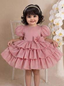 SHEIN Đầm ngắn tay màu hồng xếp bèo dễ thương và thanh lịch cho bé gái. - Hồng - Xem 4