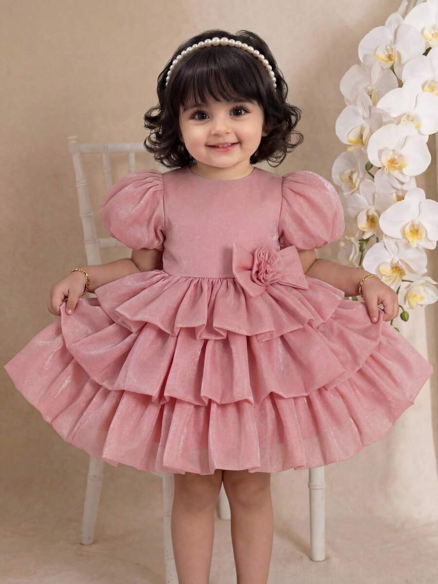 SHEIN Đầm ngắn tay màu hồng xếp bèo dễ thương và thanh lịch cho bé gái. - Hồng - Xem 1