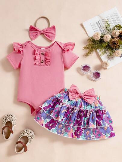 Souflis Souflis Conjunto de 3 piezas para bebé niña: mono de manga corta dulce y lindo, vestido con estampado floral y lazo, y diadema, para verano