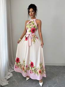 SHEIN Clasi Women's Floral Print Halter Neck Dress, Elegant Sexy Holiday Wear For Spring/Summer Golf White - Apricot - View 1