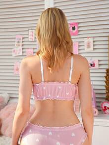 PetitDoll 1件装罗纹心形印花荷叶边女士无钢圈文胸 - 彩色 - 查看 2