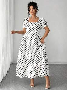 Elenzga Plus Size Women's Elegant Vintage Polka Dot Tie-Up Butterfly Collar Short Sleeve Dress, Spring/Summer - Black and White - View 4