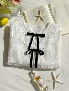 SHEIN EZwear 大码休闲度假衬衫，3D镂空蝴蝶结领，A字廓形，春夏款 - 白色 - 查看 8