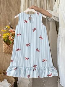 SHEIN Sparklyn 少女春夏度假北欧休闲日常通勤圆领无袖荷叶边下摆娃娃裙，条纹亚麻连衣裙 - 彩色 - 查看 2