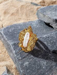Opalesca Anillo abierto para mujer, premium/elegante/elegante/uso diario/minimalista, perla/cristal, para mamá/mujer/niña/madre, verano/playa/baile de graduación/fiesta/vacaciones, compromiso/boda/promesa, novia, corazón/floral, Fairycore/Mermaidcore - Amarillo Oro - Ver 4