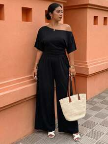 Weeklong 大码女装春夏不对称领口宽松上衣，收腰设计，休闲度假装 - 黑色 - 查看 4