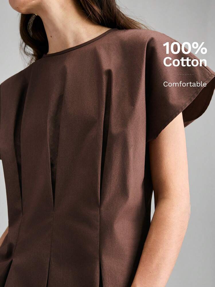 2026 Spring/Summer New Brown Ruched Cap Sleeve Round Neck Cap Sleeve Blouse, Urban Commute Business Casual Women Top, Elegant Outfit For Dates, Weddings, Holidays, Vacations, Office Wear