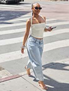 Denimoi 方领交叉露背罗纹针织背心 时尚日常百搭基础款背心 - 米色 - 查看 2