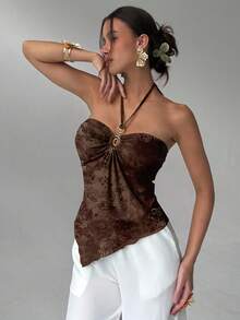 Aloruh 女士夏季纯色褶皱不对称下摆时尚吊带背心 - 棕色 - 查看 5