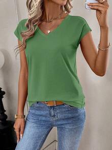 EMERY ROSE Casual Solid Color V-Neck T-Shirt, Versatile For Summer - Olive Green - View 5