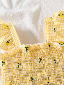 SHEIN Genkimix Kids Young Girls' Lemon Plaid Print Ruffle Strap Flare Sleeve Tiered Cake Dress,White,Summer,Fairy,Matching,Family Vacation,Holiday Beach Casual Outfit - Multicolor - View 5
