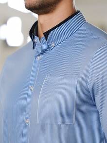 Manfinity Bizformal Camisa de manga larga con botones y rayas para hombre - Azul - Ver 4