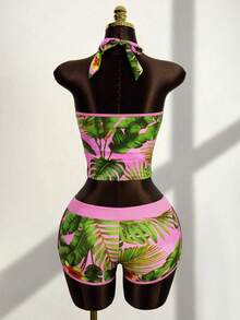 Vaytide Conjunto de camisola con cordón y bikini con adorno floral tropical para vacaciones en la playa - Rosa - Ver 2