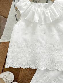 LMoss Kids LMoss  2pcs Young Girl Woven Solid Color Embroidered Ruffle Collar Camisole And Long Pants Set - White - View 5