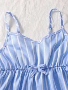 SHEIN Sparklyn 两件套少女夏季套装，休闲度假及上学装，柔软条纹宽松吊带背心搭配阔腿裤套装 - 淺藍色 - 查看 10