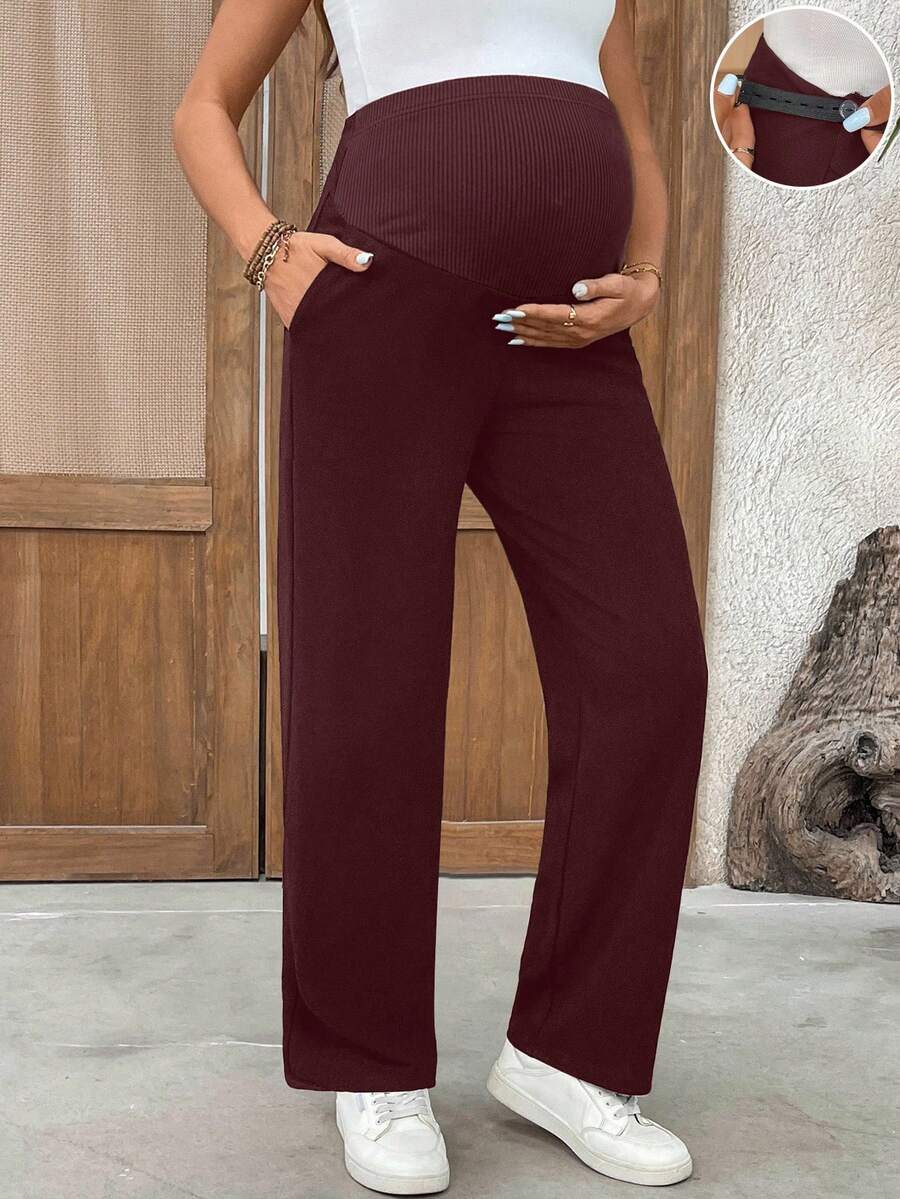 SHEIN Pantalones casuales y versátiles de uso diario con cintura ajustable para maternidad de unicolor - Burdeos - Ver 1