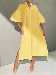 SHEIN Privé Robe ample mi-longue à manches lanternes pour femmes grandes tailles, élégante, pour vacances, plage, rendez-vous romantique, mariage ou fête - Jaune citron - Voir 7