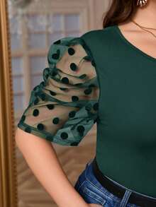 SHEIN Privé 大码女式T恤，网眼波点拼接，圆领泡泡袖修身黑色T恤，适合日常穿着、外出就餐、教师制服；返校泡泡袖上衣，复古学院风 - 墨綠色 - 查看 7