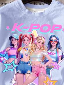 Set de 2 piezas de camiseta de manga corta con cuello redondo y pantalones cortos con estampado de letra y estrella de grupo de chicas K-POP colorido y fresco, adecuado para el verano, para niña joven y casual - Multicolor - Ver 4