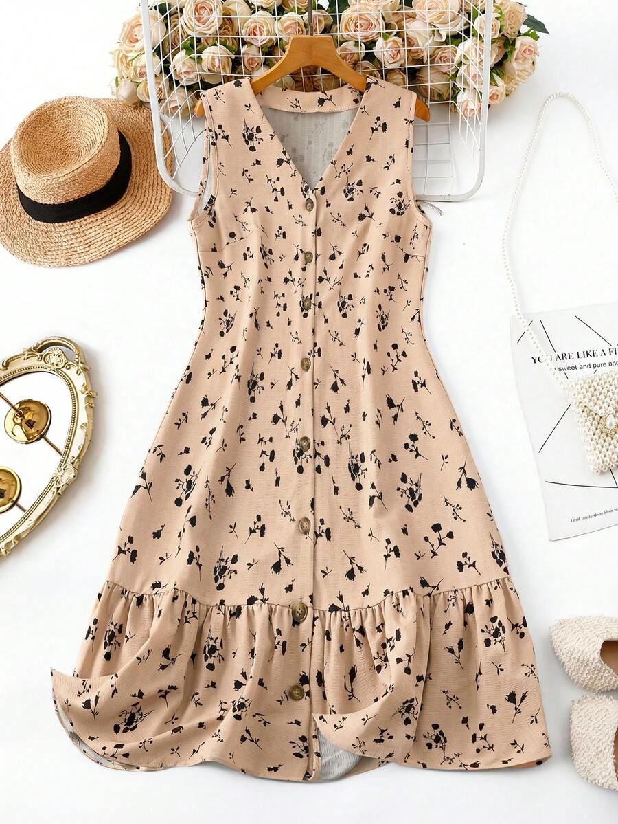 EMERY ROSE 女士碎花娃娃连衣裙，休闲无袖，适合度假和日常穿着 - 駝色 - 查看 1