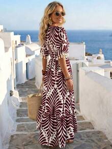 Breezaya Vestido largo con cuello en V, cintura ceñida, estampado francés y flecos, estilo de vacaciones - Rojo y blanco - Ver 2